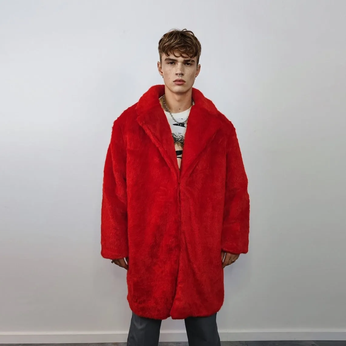 Red faux fur longline coat shaggy trench bright raver bomber fluffy winter fleece festival jacket burning man coat