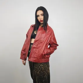 Red faux leather racing jacket utility PU bomber gorpcore biker jacket rocker varsity jacket retro 90s coat grunge college vinyl coat