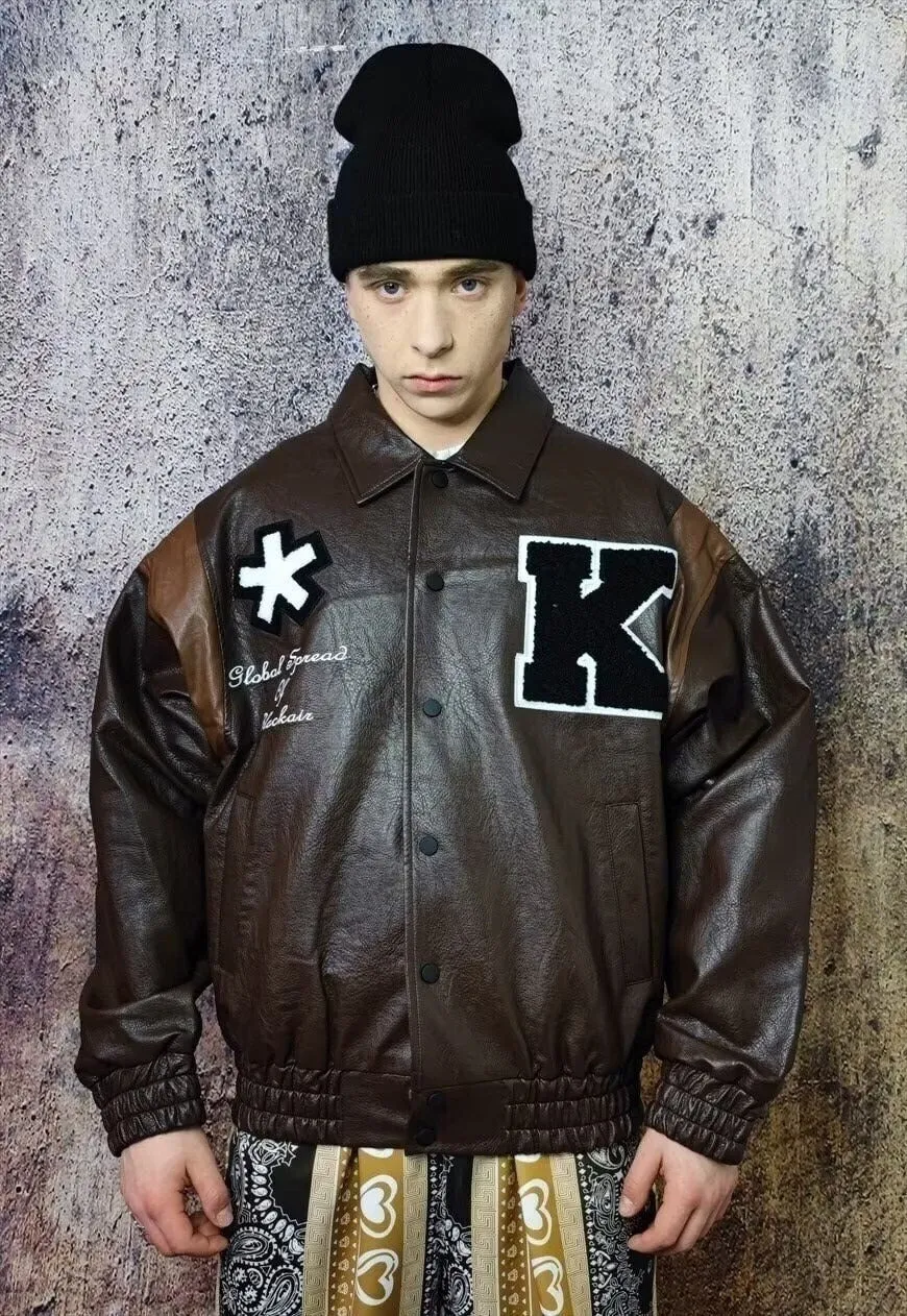 Retro varsity jacket faux leather punk MA-1 bomber in brown