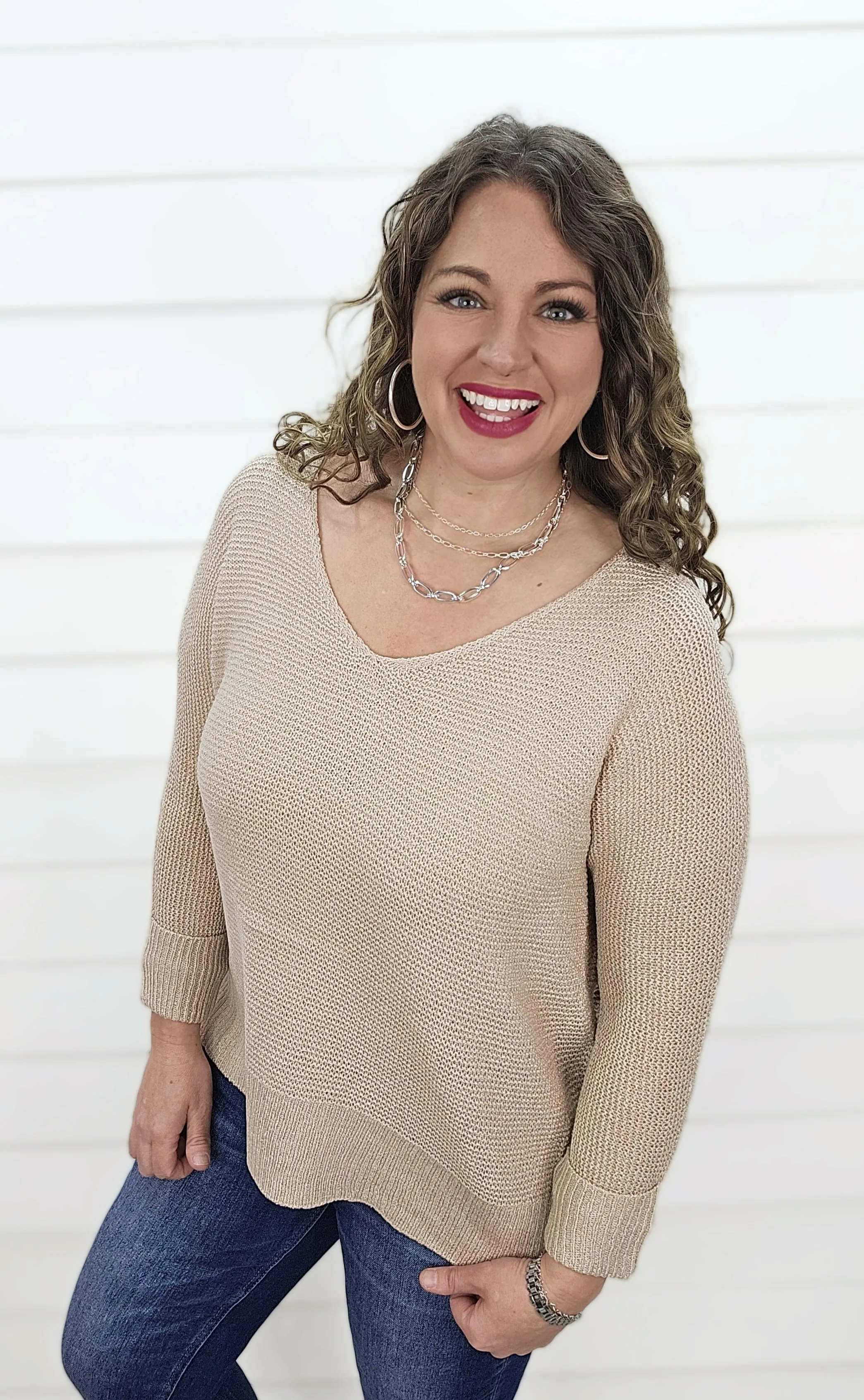 SAND V NECK SLOUCH SWEATER W/ ROLLED SLEEVES