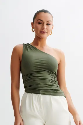 Sarah One Shoulder Modal Asymmetric Top - Military Olive