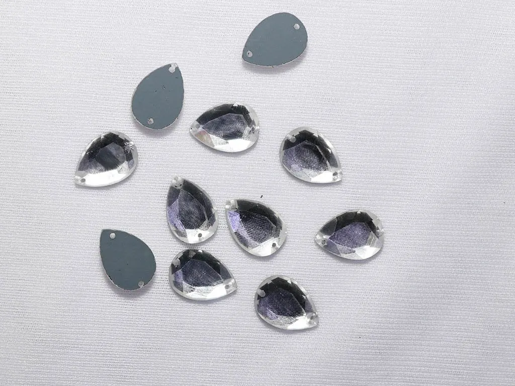 Silver 2 Hole Drop Glass Stones - 10x14 mm