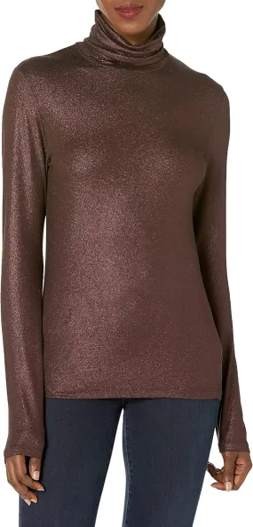 Soft Touch Lurex Metallic Turtleneck Top - Chocolate