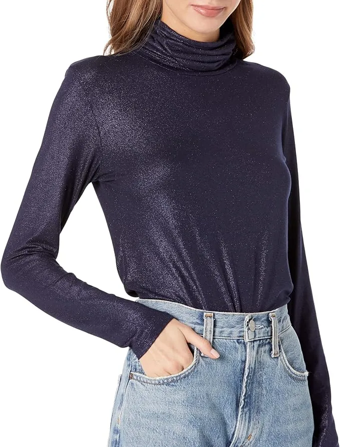 Soft Touch Lurex Metallic Turtleneck Top - Metal Navy