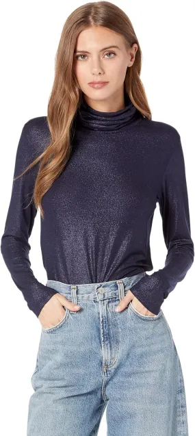 Soft Touch Lurex Metallic Turtleneck Top - Metal Navy