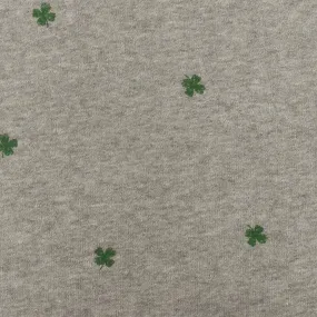 Static Gray-Green Mini Clover Printed Cotton French Terry Knit Fabric