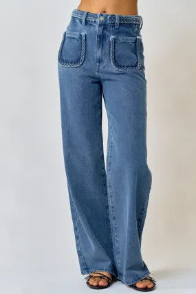 Straight Leg Denim Pants with Braided Detail