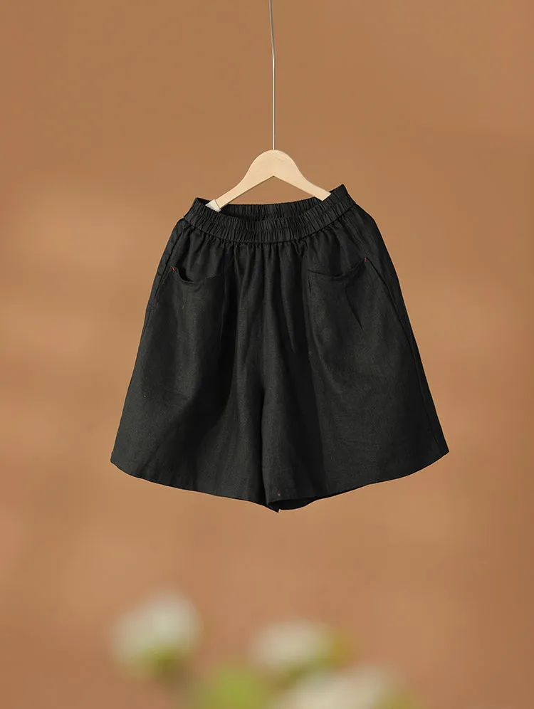 Summer Casual Pleated Loose Shorts Suit For Daily And Trip, Natural Linen Shorts