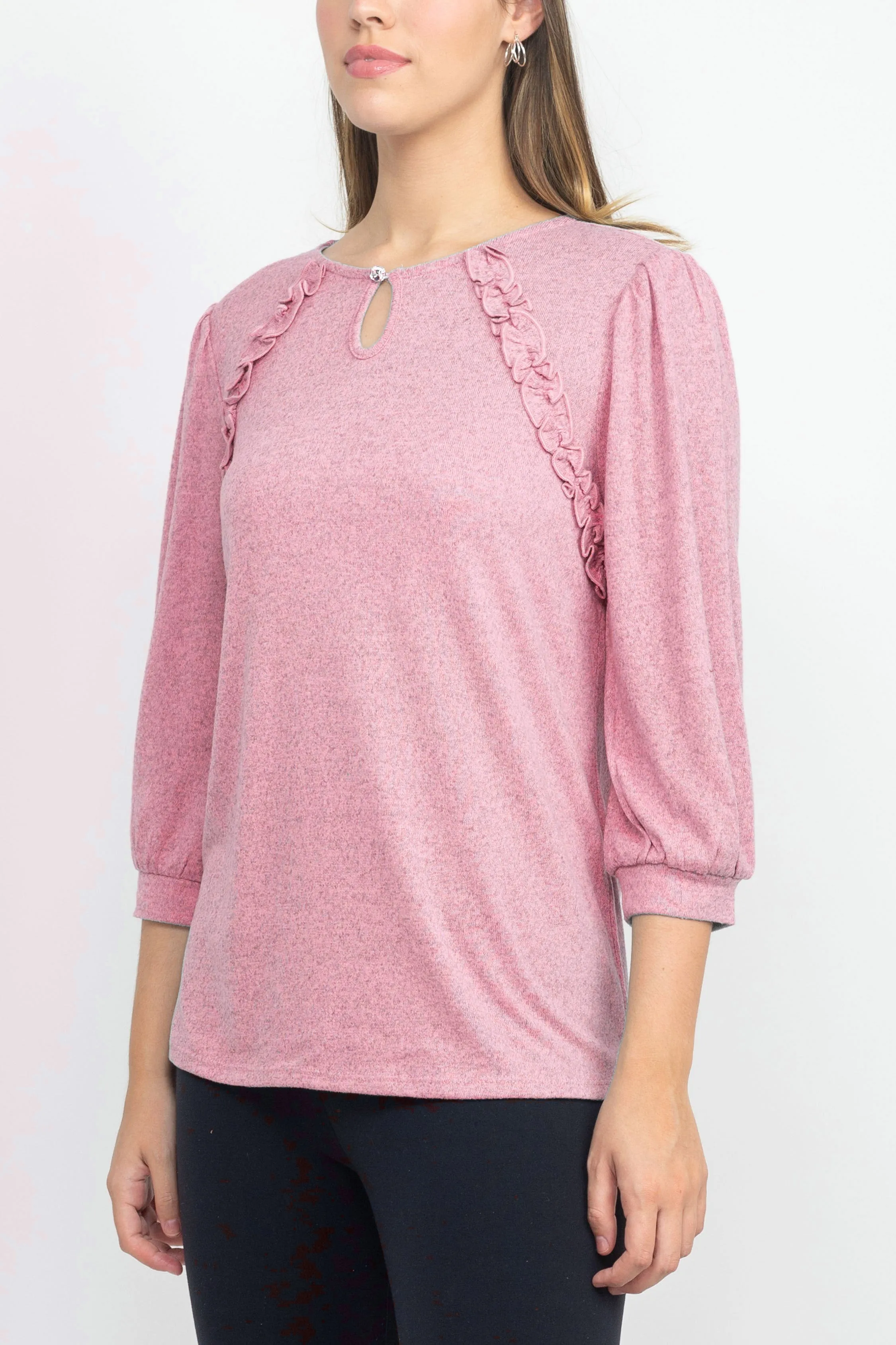 Tint   Shadow 3/4 Sleeve Crew Neck with Rhinestone Button Keyhole & Front Ruffle detail Knit Top