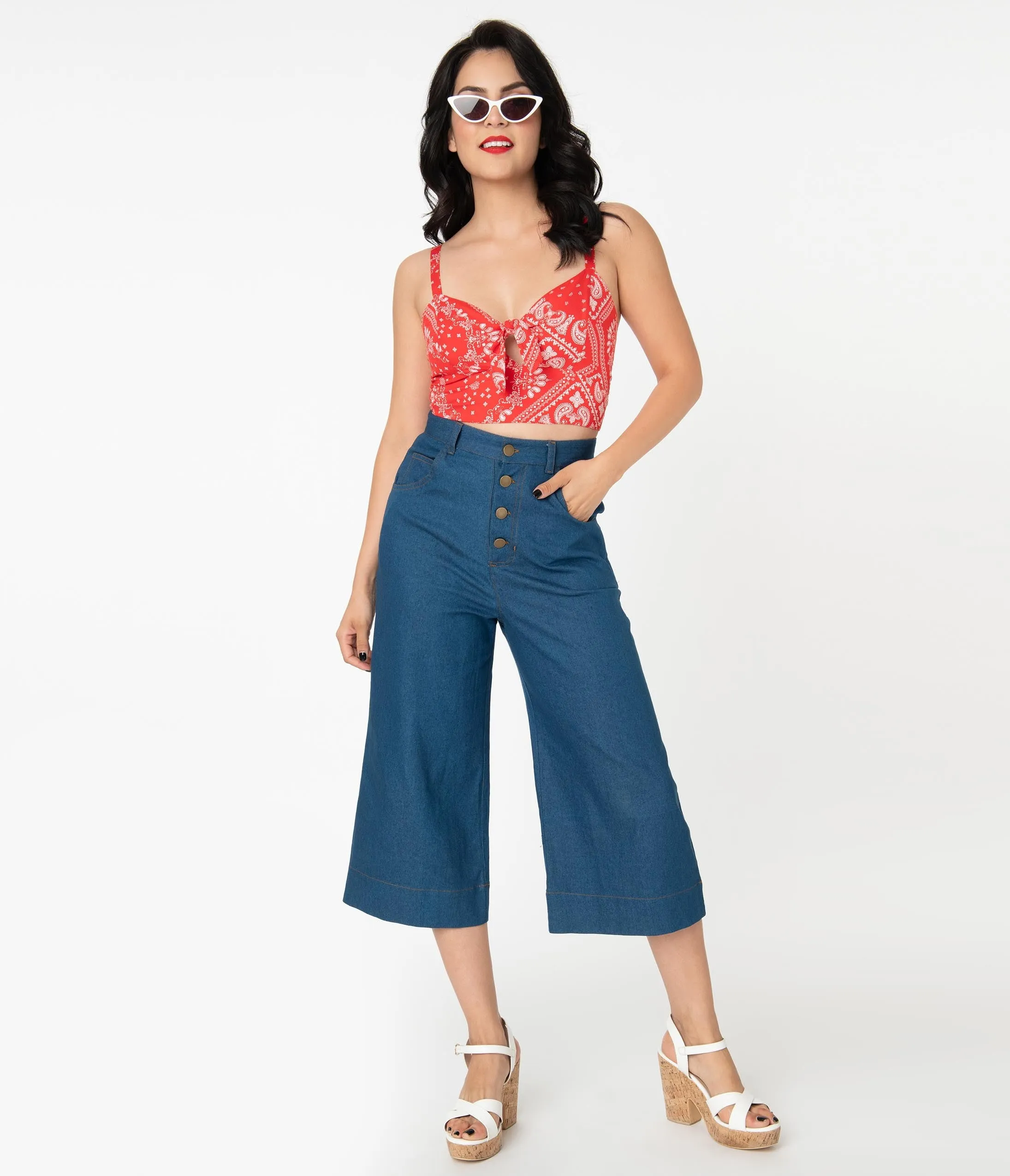 Unique Vintage Denim Blue Chisholm Culottes