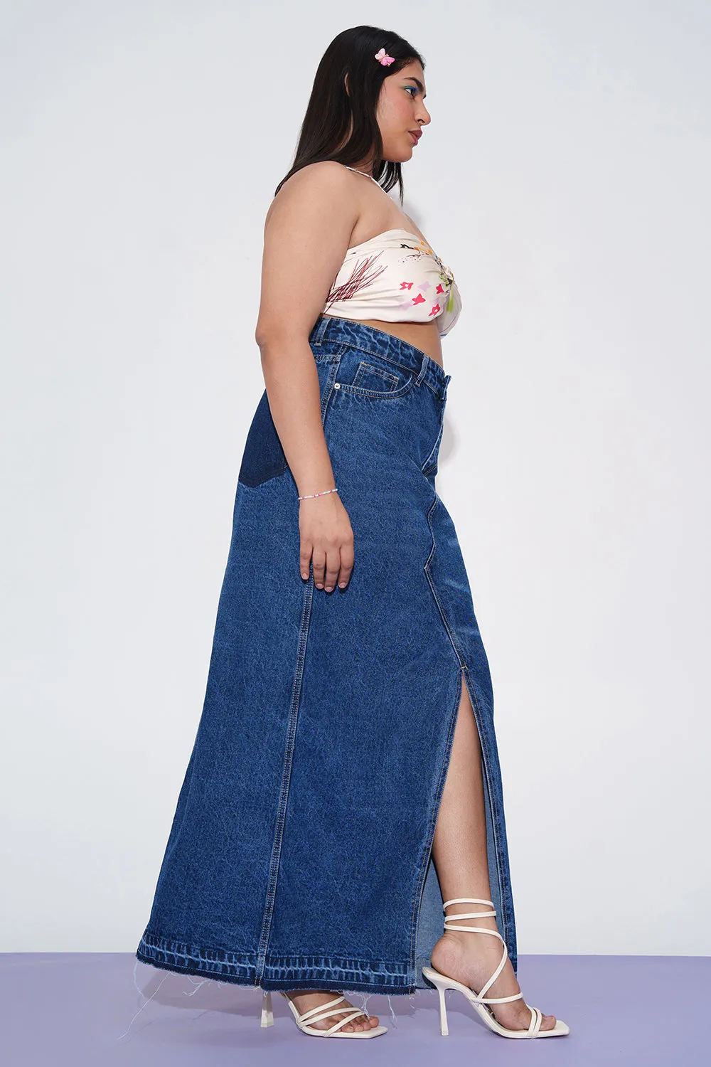 Whimsy Blue Curve Mid Slit Maxi Skirt