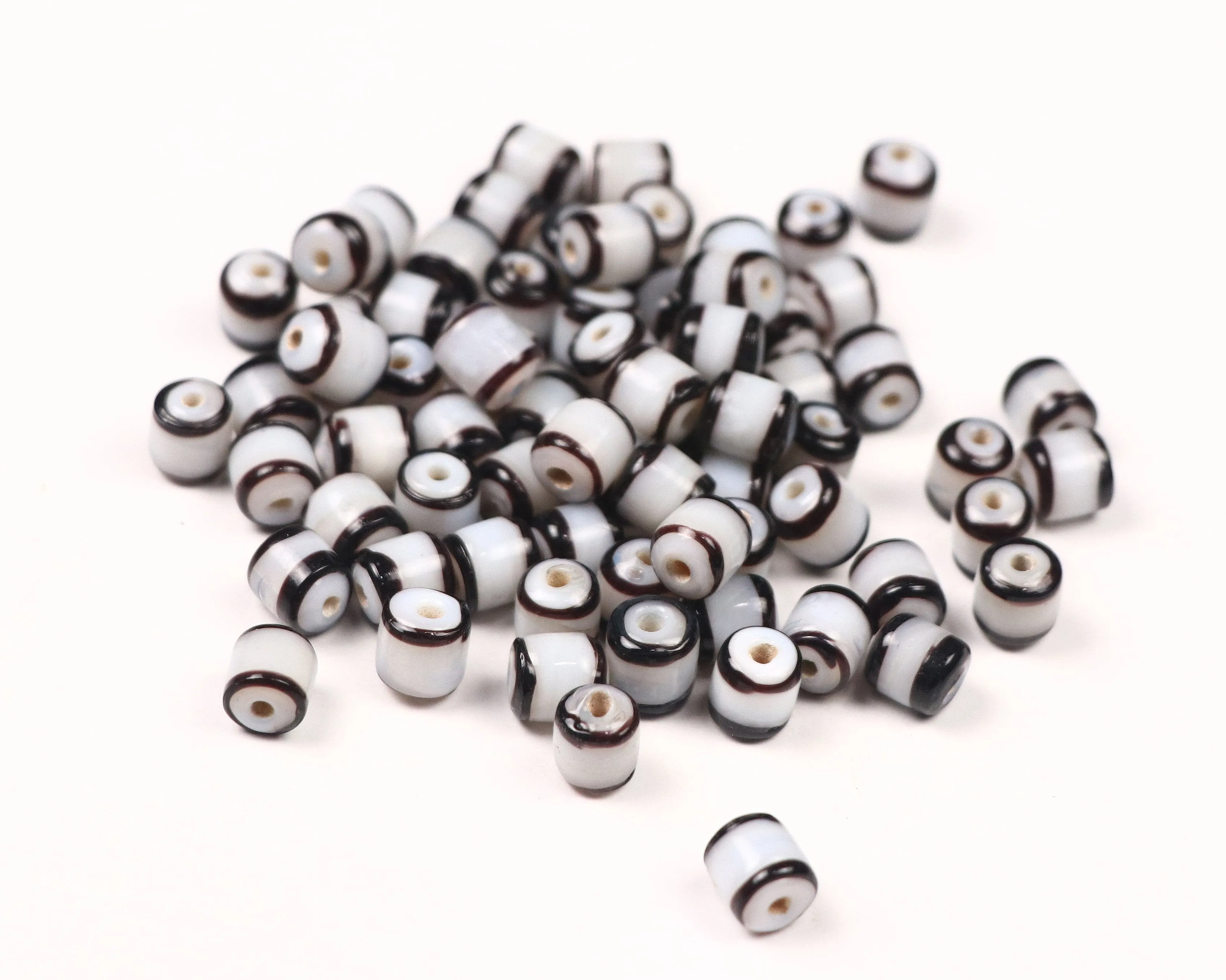 White Black Cylindrical Fancy Glass Beads - 7x7 mm