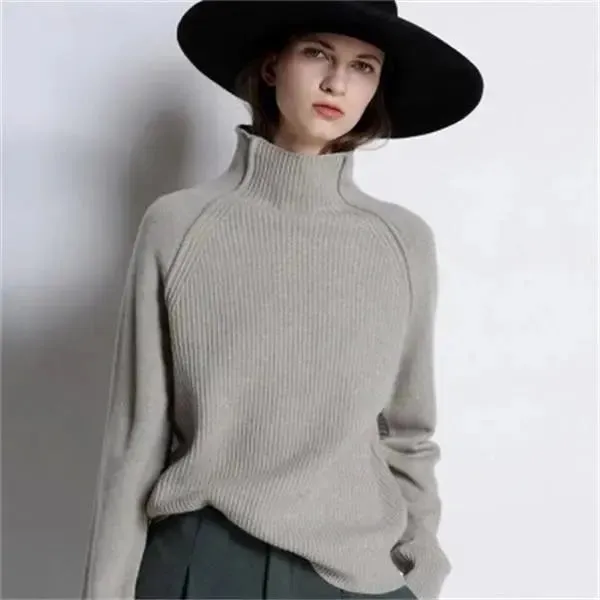 Women's Ribbed Knit Cashmere Wool Blend Turtleneck Sweater