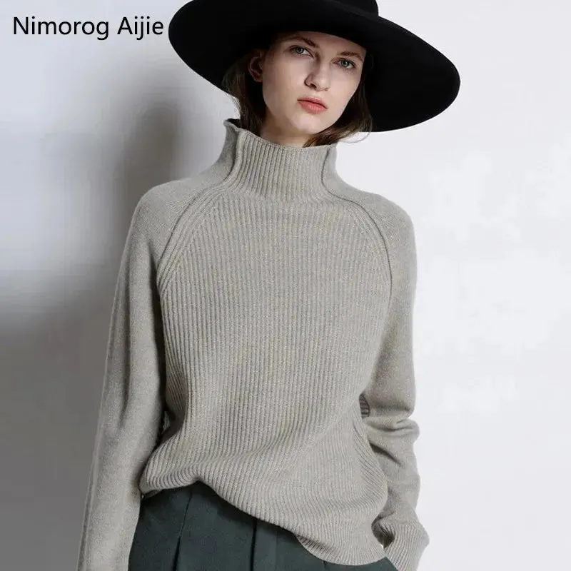 Women's Ribbed Knit Cashmere Wool Blend Turtleneck Sweater