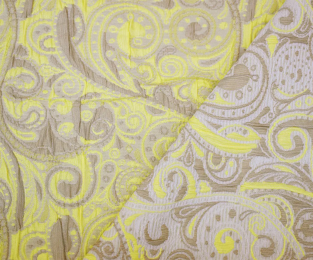 Yellow-Beige-White Polyester Fancy Scroll Pattern Matelasse Jacquard Fabric